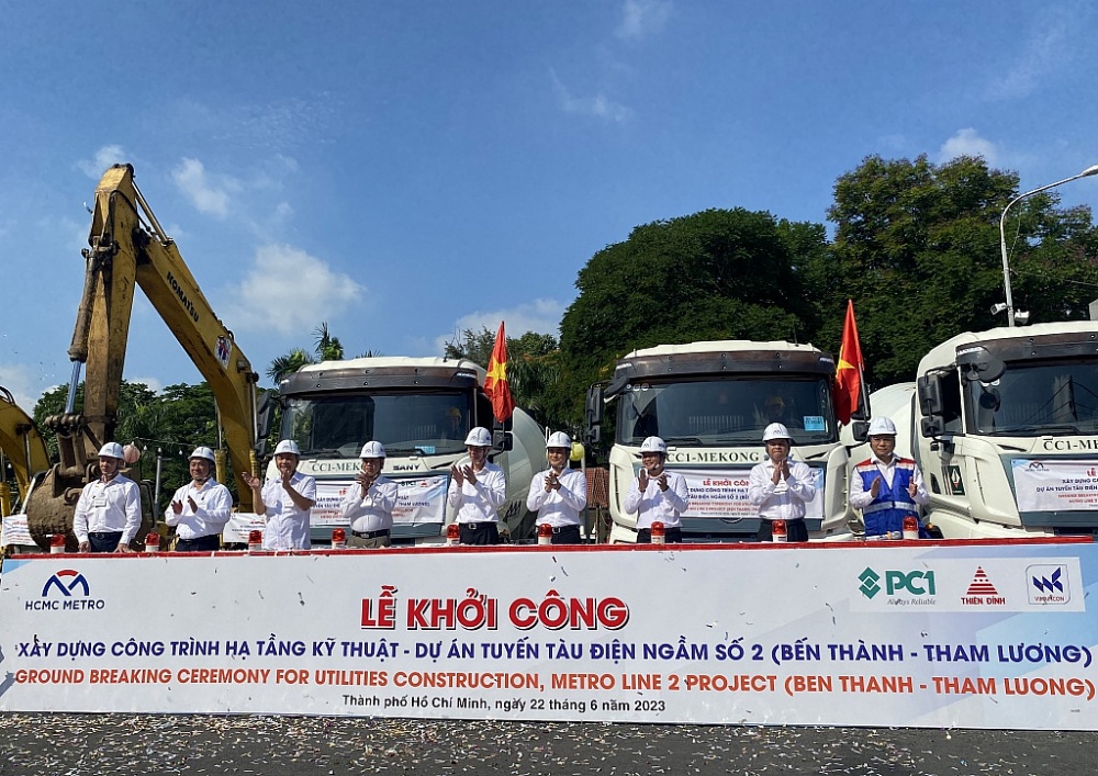 Các đại biểu thực hiện nghi thức khởi công dự án. Ảnh: T.D