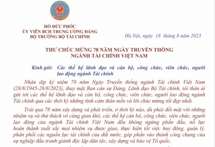 Bộ trưởng Hồ Đức Phớc chúc mừng 78 năm ngày truyền thống ngành Tài chính