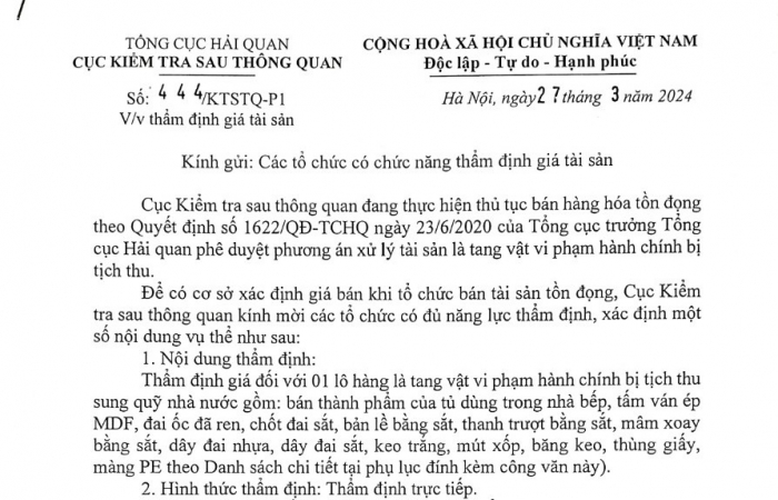 Cục Kiểm tra sau thông quan mời các tổ chức có đủ năng lực thẩm định giá tài sản