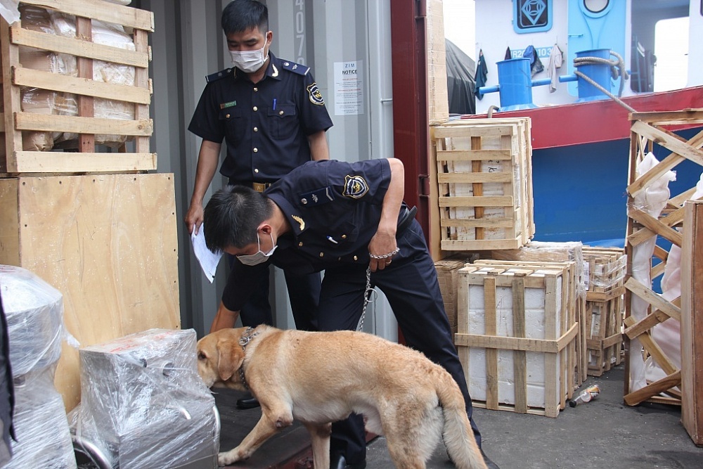 Công chức Hải quan cảng Sài Gòn khu vực 4 sử dụng chó nghiệp vụ kiểm tra hàng hóa XNK. 	Ảnh: T.H