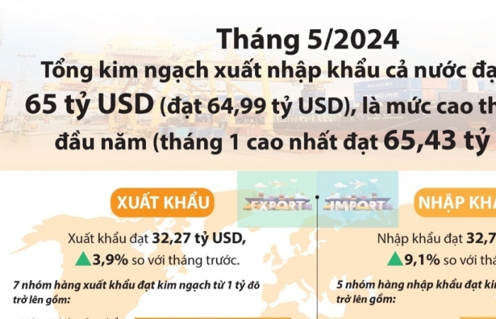 (Infographics):  Xuất nhập khẩu đạt 65 tỷ USD trong tháng 5/2024