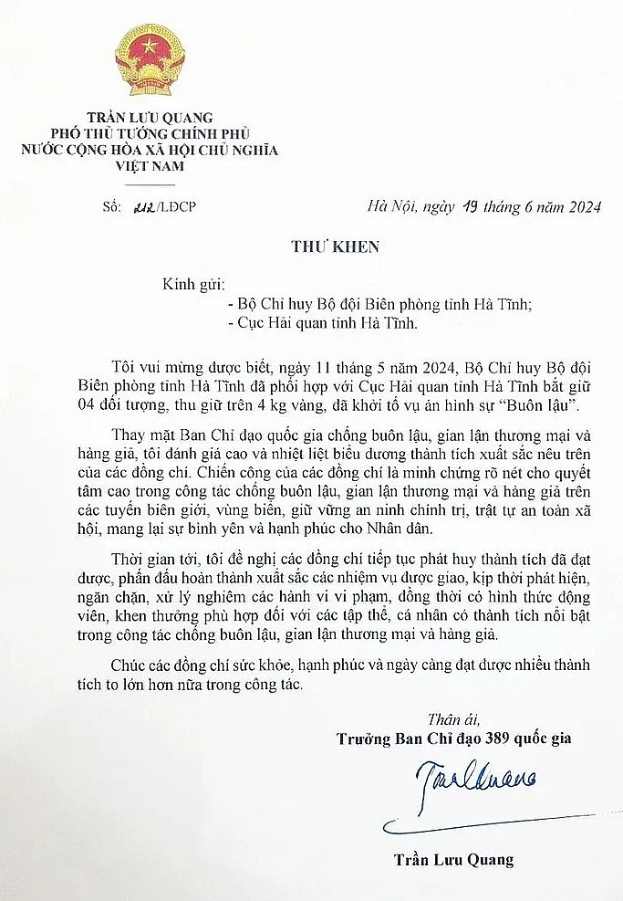 Thư khen của Phó Thủ tướng Trần Lưu Quang.