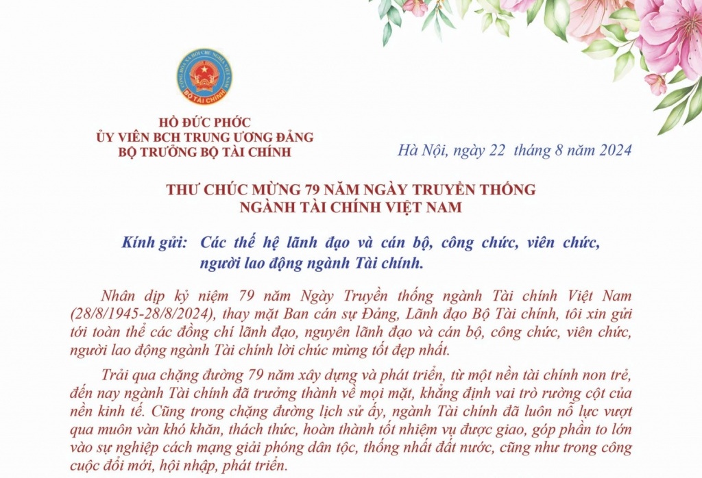 Bộ trưởng Bộ Tài chính gửi Thư chúc mừng 79 năm Ngày Truyền thống ngành Tài chính