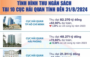 (Infographics): 8 tháng thu ngân sách tại 10 đơn vị hải quan tăng 9,36%