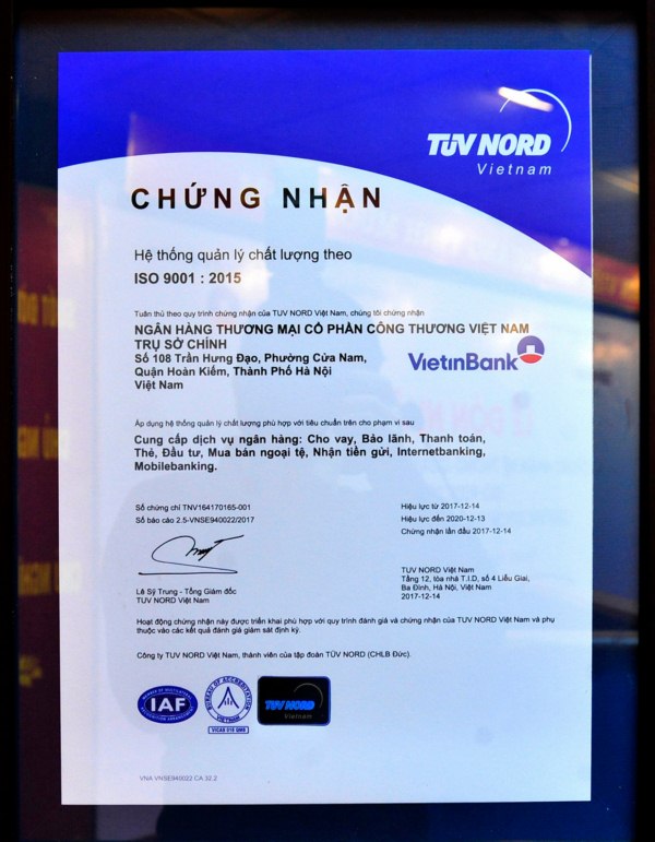 he thong quan ly chat luong vietinbank dat chuan iso 90012015