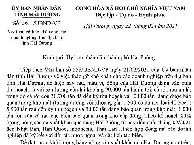 Hải Dương tiếp tục đề nghị Hải Phòng hỗ trợ để xuất khẩu 90.000 tấn rau củ