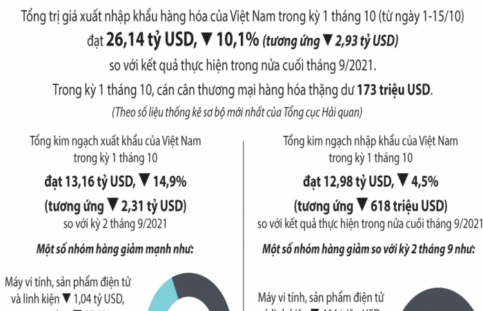 Infographics: Kết quả xuất nhập khẩu nổi bật trong nửa đầu tháng 10