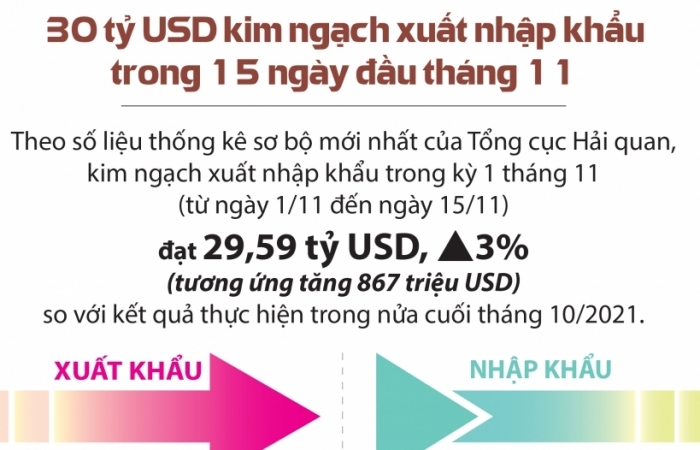 Infographics: 30 tỷ USD kim ngạch xuất nhập khẩu trong 15 ngày đầu tháng 11