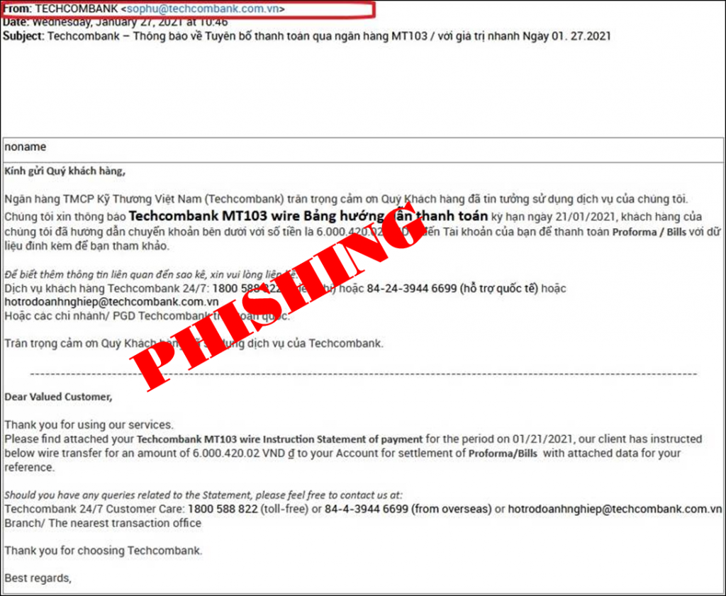 Email giả mạo ngân hàng Techcombank gửi khách hàng.