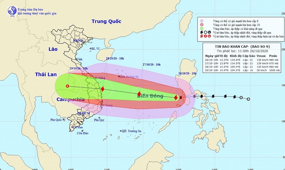 Vị trí, dự báo đường đi của bão số 9. Ảnh: Trung tâm Khí tượng thủy văn quốc gia