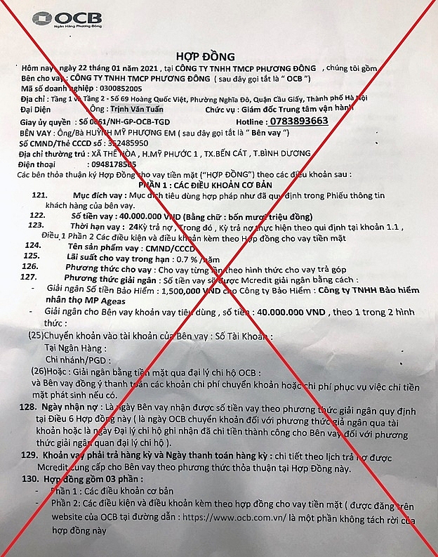 Mẫu hợp đồng mạo danh OCB để lừa đảo khách hàng.
