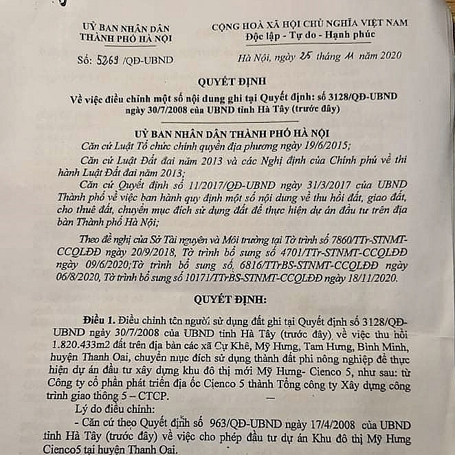 Quyết định điều chỉnh KĐT Mỹ Hưng - Cienco 5 của UBND TP Hà Nội hoàn toàn hợp lý và hợp pháp