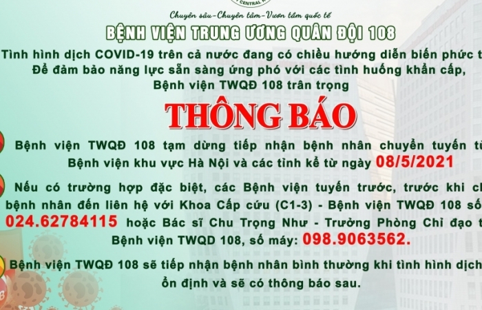 Bệnh viện Trung ương Quân đội 108 tạm ngưng tiếp nhận bệnh nhân