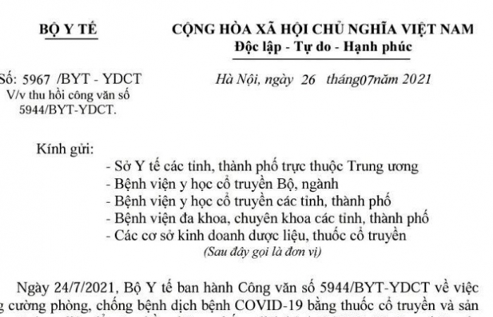 Bộ Y tế thu hồi văn bản nêu danh mục 12 loại thuốc hỗ trợ điều trị Covid-19