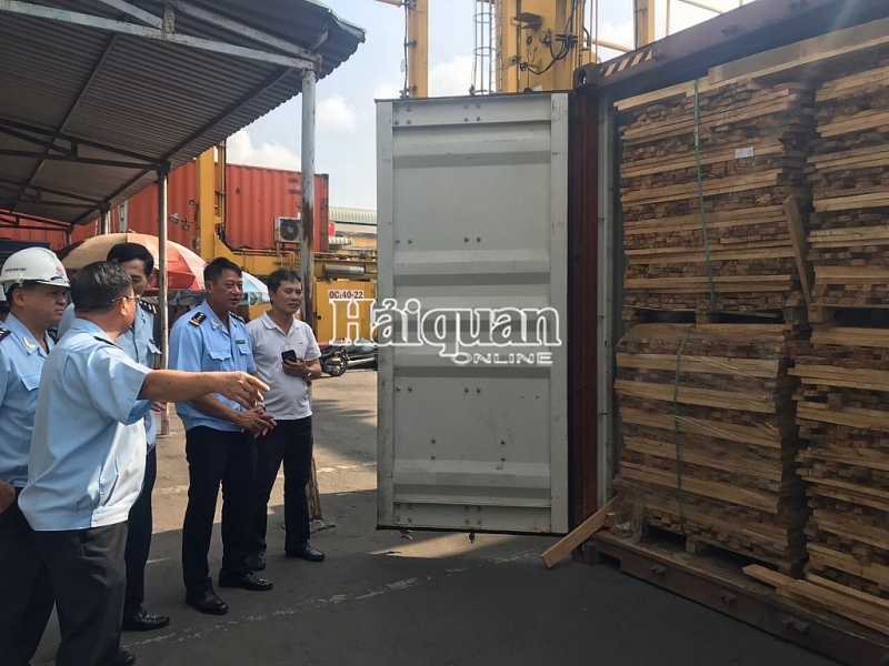 dang kham xet 25 container go xuat khau gian lan tai cang cat lai