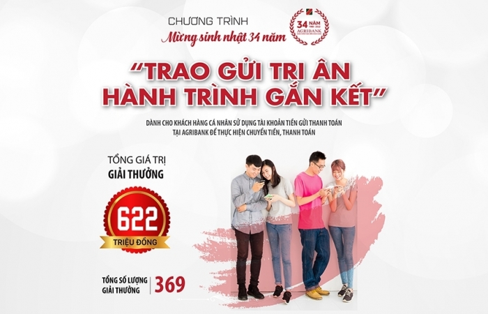 Chương trình khuyến mãi mừng sinh nhật 34 năm Agribank “Trao gửi tri ân – Hành trình gắn kết”