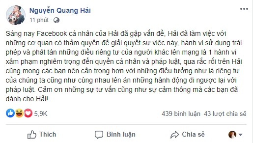 quang hai bi doi tuong xau hack facebook phat tan tin nhan rieng tu