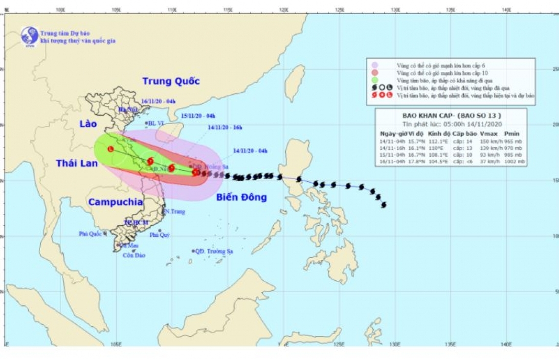 Bão số 13 có sức gió mạnh cấp 13-14, giật cấp 17, di chuyển theo hướng Tây Tây Bắc