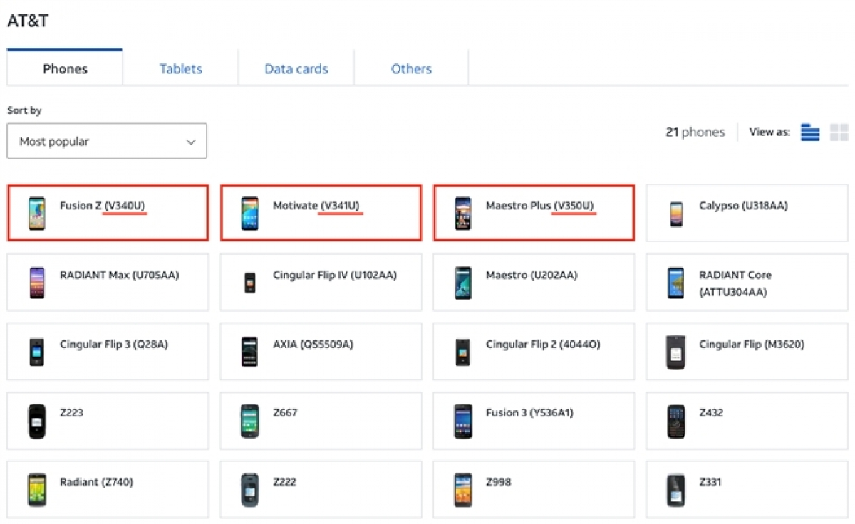 Danh sách các mẫu điện thoại mang thương hiệu AT&amp;amp;T cùng mã sản phẩm đang được phân đối trên trang chủ của hãng.