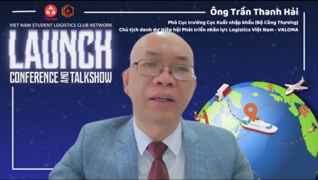 Ông Trần Thanh Hải, Phó cục trưởng Cục Xuất nhập khẩu, Bộ Công Thương, Chủ tịch danh dự Hiệp hội Phát triển nhân lực Logistics Việt Nam phát biểu tại lễ ra mắt. 