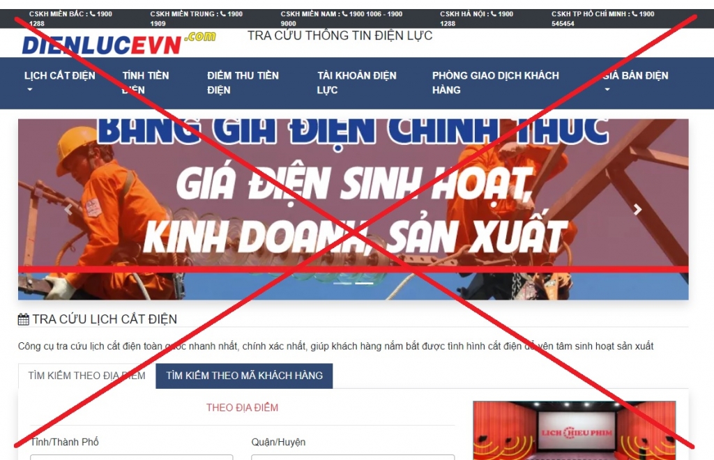 Hình ảnh website giả mạo thương hiệu EVN