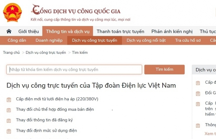 EVN cung cấp 100% dịch vụ điện trực tuyến lên Cổng dịch vụ công Quốc gia